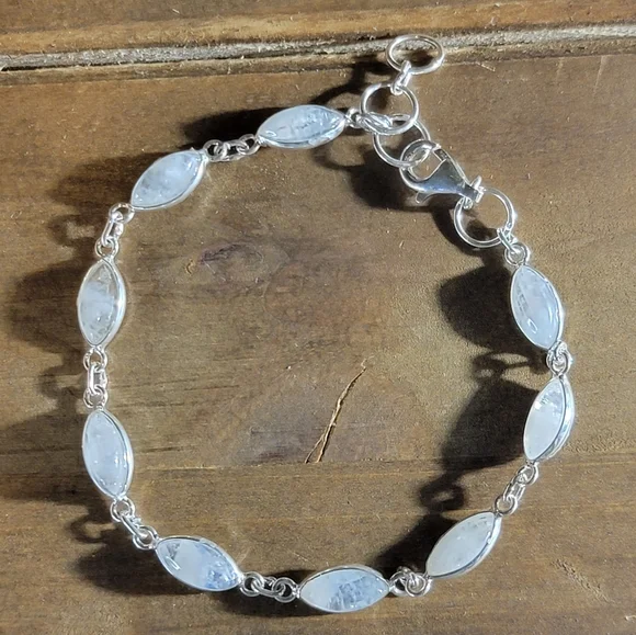 Native Rainbow Moonstone Gemstone Bracelet 7 Inch Sterling Silver 925 Boho Gypsy - Picture 2 of 6